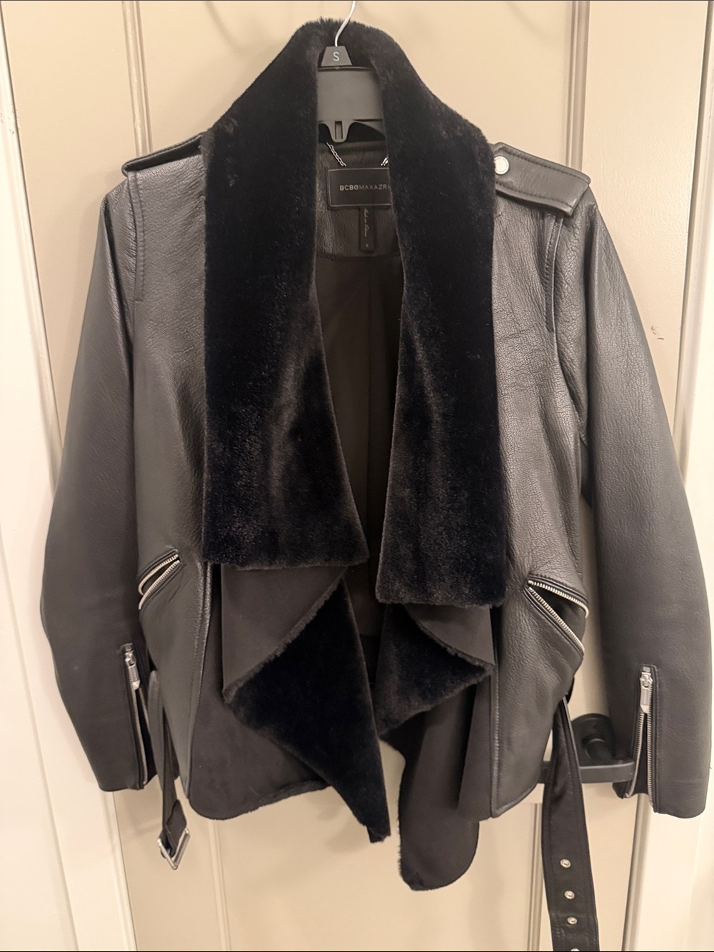 BCBGMaxAzria Black Faux-Shearling Moto Jacket with Belt